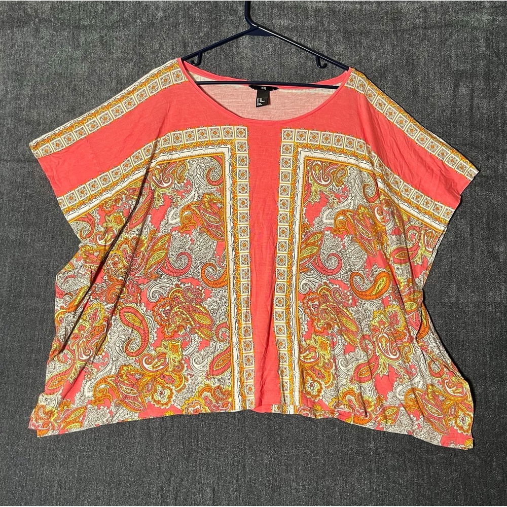 H&M Womens M/L Pink Paisley Scoop Neck Cap Sleeve Woven Pullover Tunic Top